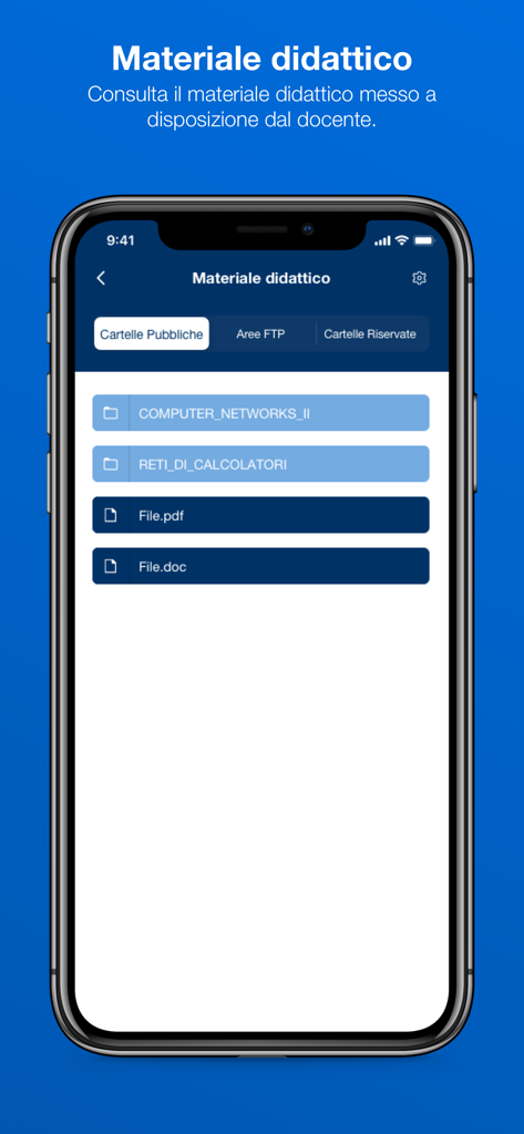 Docenti UNINA - Uno screenshot dell'interfaccia dell'app Docenti UNINA che mostra materiali didattici inclusi cartelle per Reti di Calcolatori e vari file di studio.