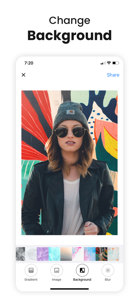 Remove & Change Background - Mobile app interface showing a woman in a leather jacket with a colorful artistic background replacement