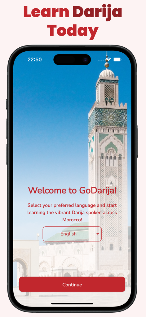 GoDarija Learn Moroccan Arabic - Welcome screen of the GoDarija app showing a Moroccan mosque and language selector