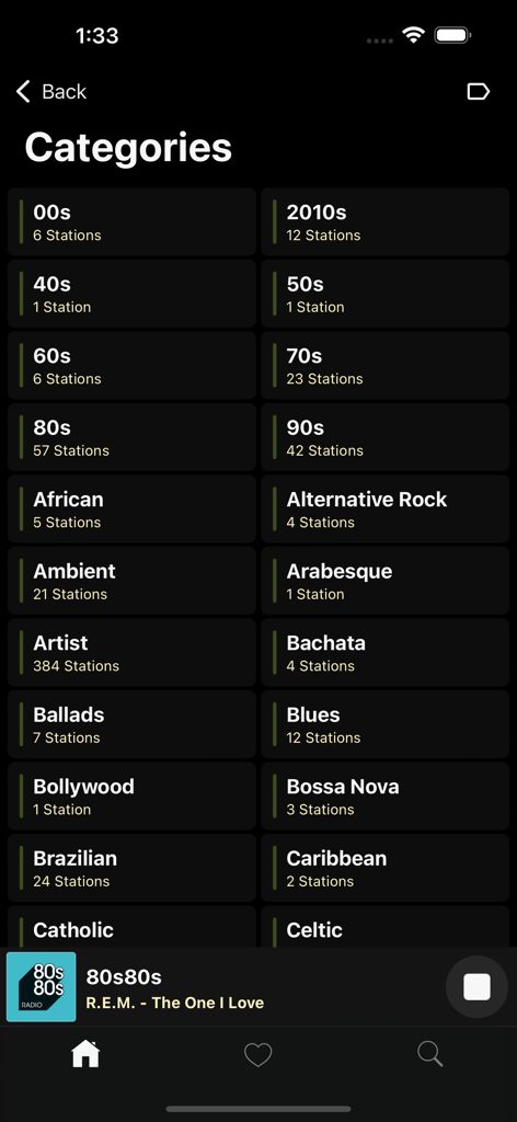Screenshot of music categories in VRadio app organized by decades and genres like 80s and Blues
