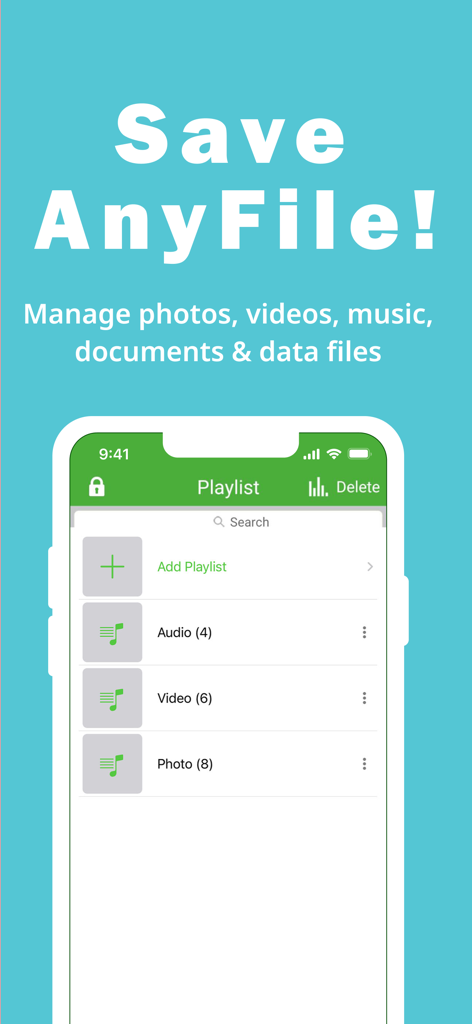 File Manager App - PATOPI - PATOPIアプリのプレイリスト画面に、オーディオ、ビデオ、写真ファイルのカテゴリが表示されている