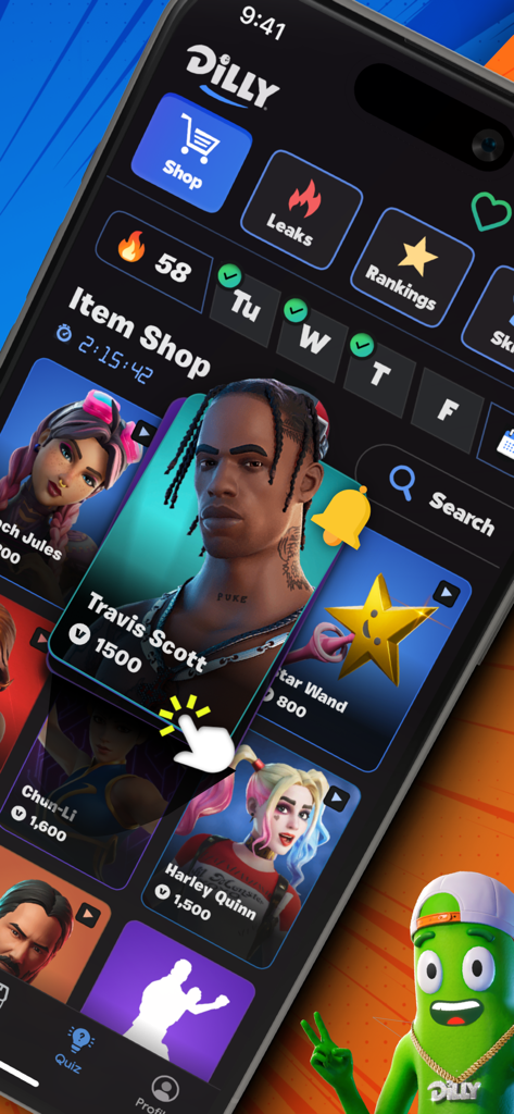 Dilly for Fortnite mobile app interface showing the daily item shop with Travis Scott and Harley Quinn character skins