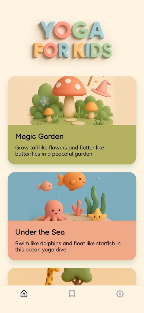 Kids Yoga, Workout & Exercise - Main screen of the Kids Yoga Adventure app featuring themed yoga sessions like Magic Garden and Under the Sea for children.