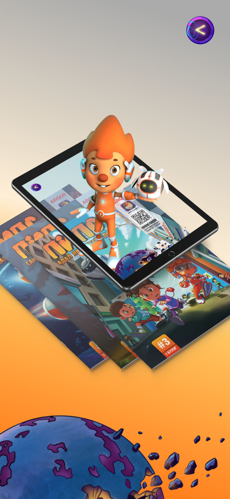 Pips comics - Un iPad que muestra un personaje de cómic de Pips en Realidad Aumentada 3D sobre libros físicos
