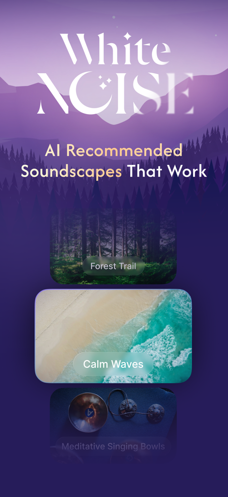 White Noise ASMR Sleep Sounds - Interfaz de la aplicación White Noise ASMR que muestra paisajes sonoros recomendados por IA como Forest Trail y Calm Waves.