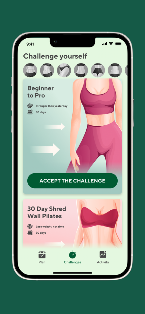 Pilates at Home by I'mprove - App interface for Pilates at Home by I'mprove showing 30-day workout challenges including wall pilates.