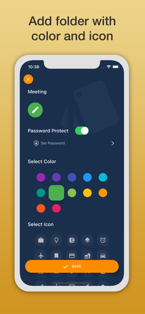 Safety Note+ - Safety Note plus 인터페이스가 비밀번호 보호 색상 코딩 및 사용자 지정 아이콘으로 새 폴더를 추가하는 옵션을 보여줌