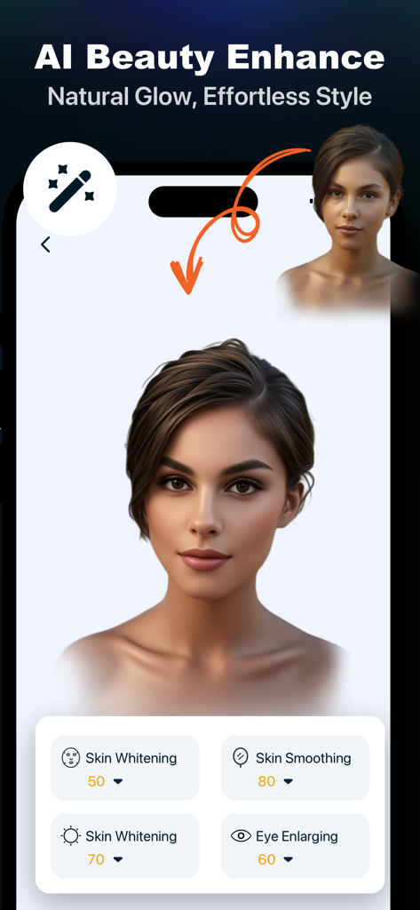 AI Morph & FaceLab - AI Beauty Enhance feature in the AI Morph app showing skin smoothing and eye enlarging settings on a woman portrait