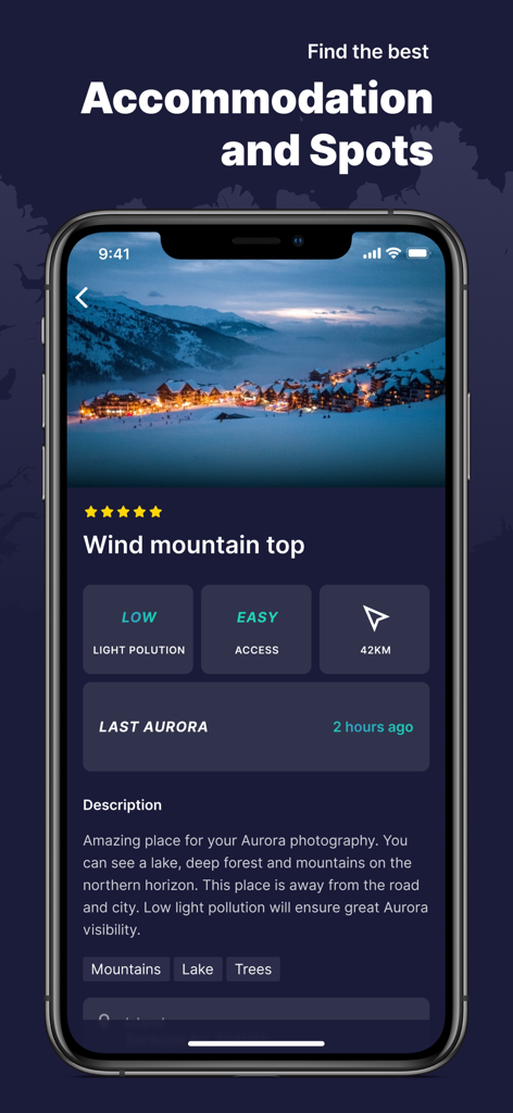 Lumyros - Lumyros app screen showing details for a recommended northern lights photography spot and accommodation.
