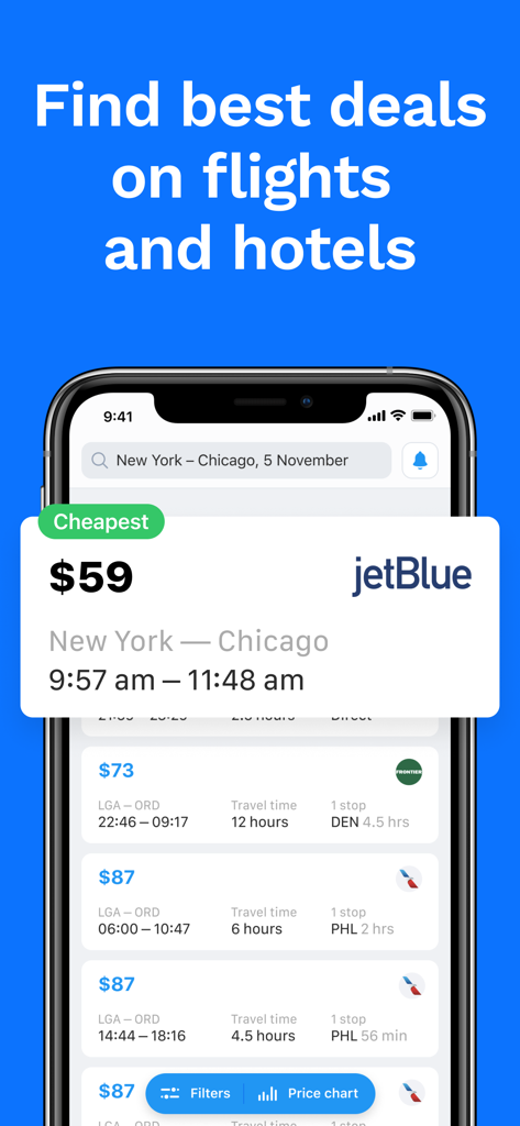 Cheap flights – WayAway - WayAway mobile app interface showing cheap flight search results from New York to Chicago with prices starting at fifty nine dollars.