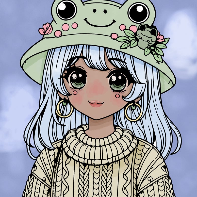 realistic girl wearing frog sweater and a frog hat with frog earrings