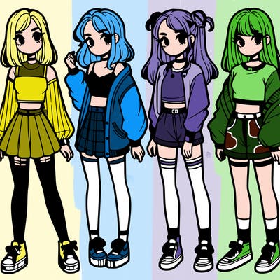 one girl with crop-top shirt and a jacket with a skirt, long socks and another girl with a shirt and pants with a jacket