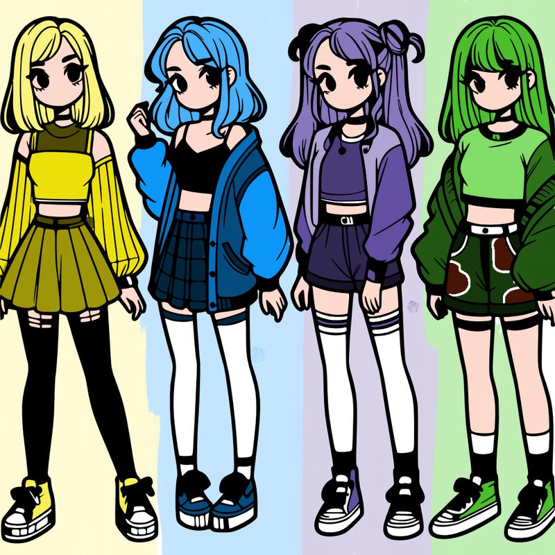 one girl with crop-top shirt and a jacket with a skirt, long socks and another girl with a shirt and pants with a jacket