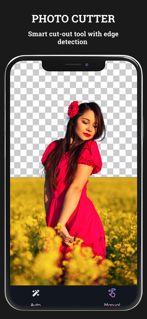 Photo Cut Paste - Photo Cut Paste app interface showing the smart cutout tool removing a background from a portrait
