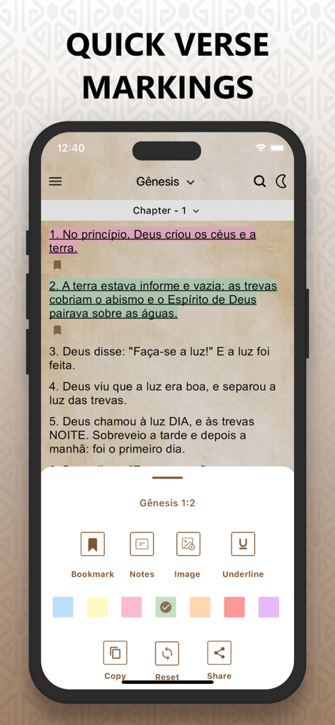 Bíblia Sagrada Ave Maria Pro - Interface do aplicativo Biblia Sagrada Ave Maria Pro mostrando destaque de versículos e ferramentas de marcação