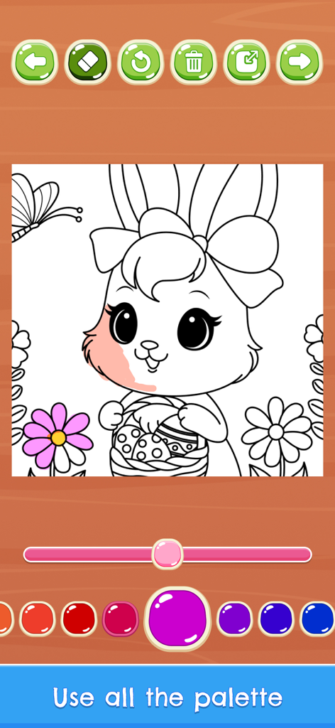 An educational coloring game interface for kids featuring a cute Easter bunny illustration.