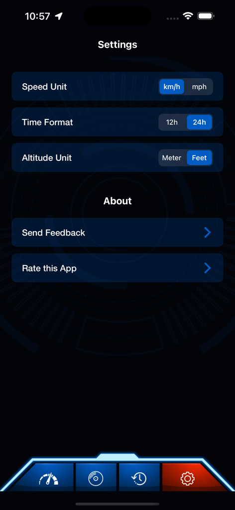 GPS Speed Tracker settings screen showing options for units and time format