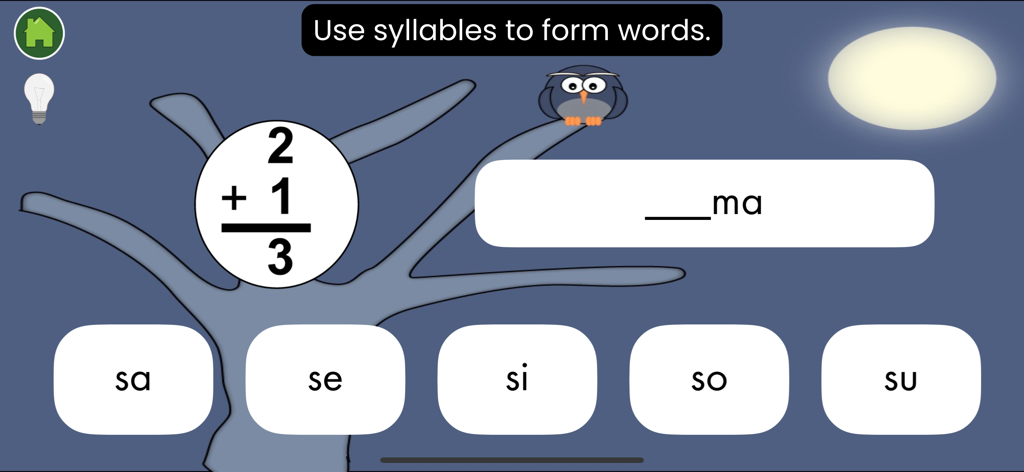 Lee Paso a Paso - A children's educational game screen showing a syllable selection exercise to form Spanish words.