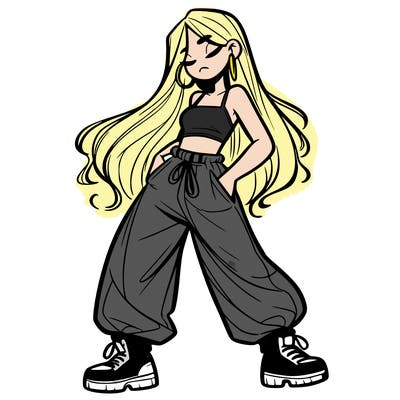 girl in baggy pants crop top and long hair