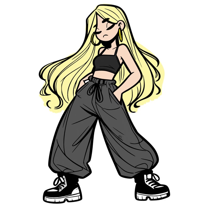 girl in baggy pants crop top and long hair