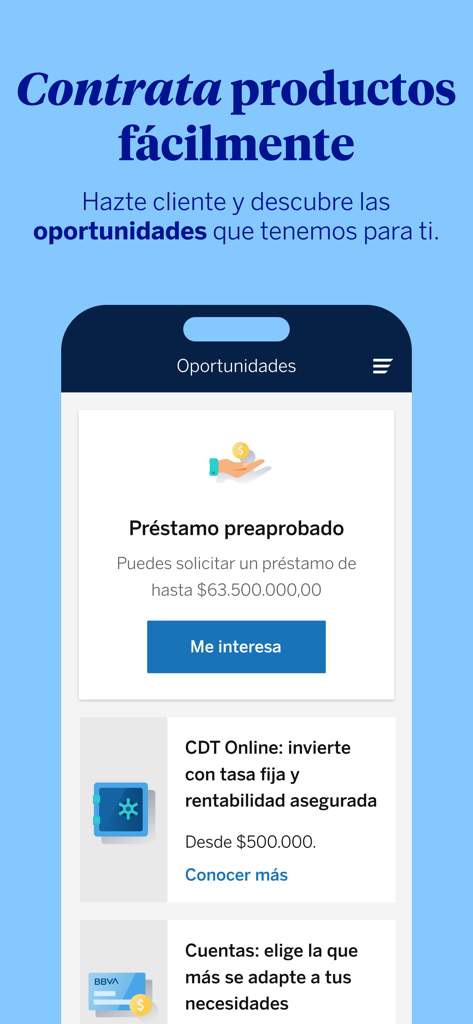 BBVA Colombia | Banca Móvil - Écran de l'application bancaire mobile BBVA Colombie affichant des prêts pré-approuvés et des opportunités d'investissement telles que les CDT et les comptes d'épargne.