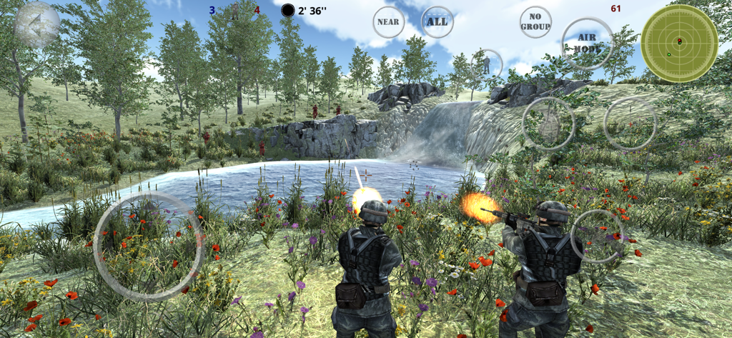 Battle 3D - Strategy game - Two soldiers in combat uniforms firing weapons in a grassy meadow with a waterfall in the background