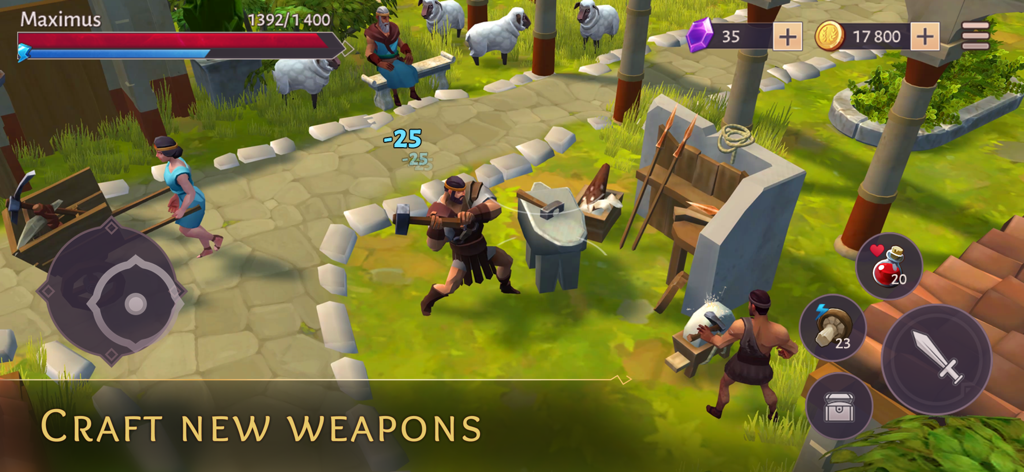 Gladiator Survival ・ Roman RPG - Un personaje gladiador creando nuevas armas en un yunque en un antiguo escenario romano.