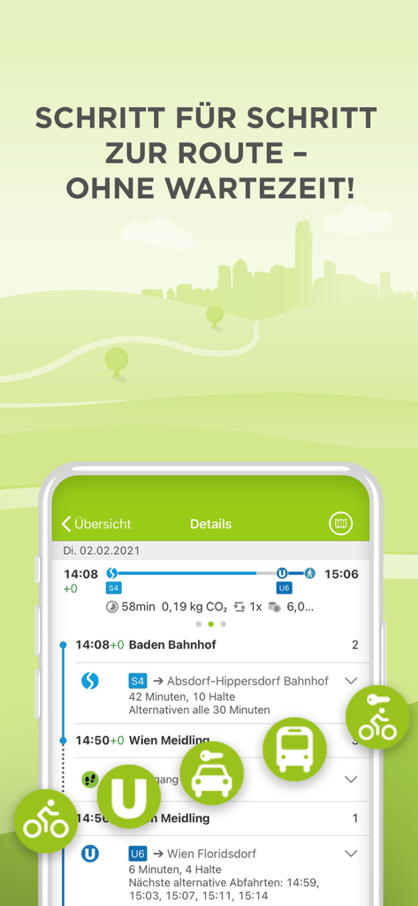 Detailed public transport route planning screen on the VOR AnachB app showing train and subway connections