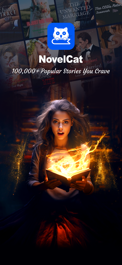 NovelCat mobile app promotional screen featuring romance book titles and a woman holding a glowing magical book
