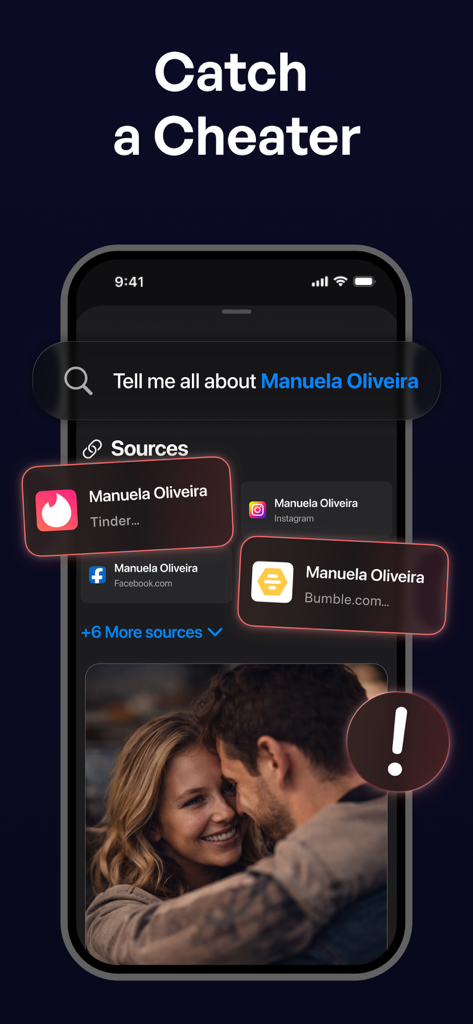 Truth Finder app interface showing a search for a person across social and dating platforms like Tinder and Bumble to identify red flags