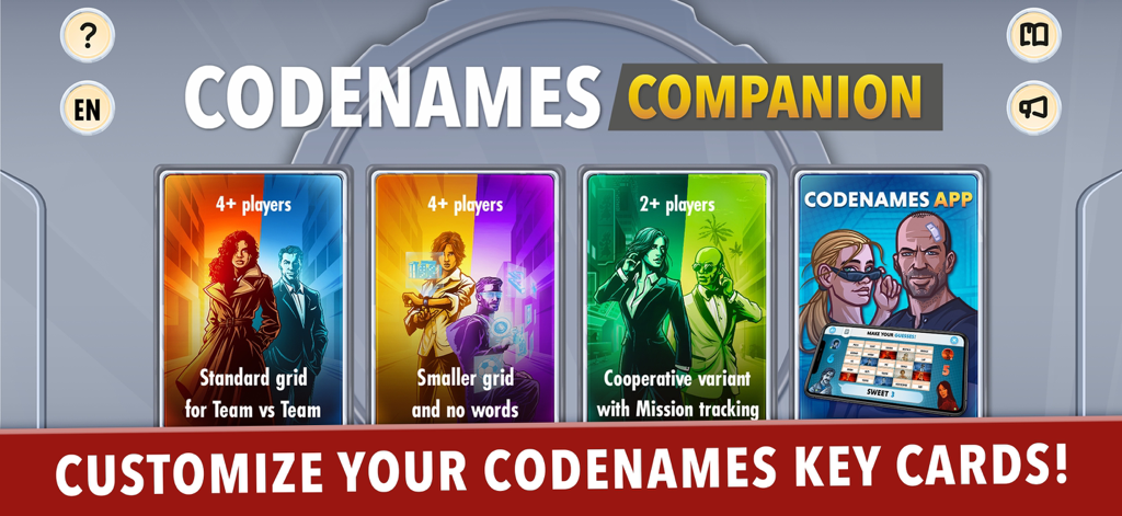 Una pantalla de selección en la aplicación Codenames Companion que muestra varias opciones de modo de juego para la configuración del juego de mesa físico