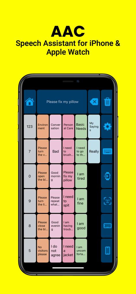Speech Assistant - AAC Talker - Interface do usuário do aplicativo Speech Assistant AAC Talker em um iPhone mostrando uma grade de frases comuns para comunicação.