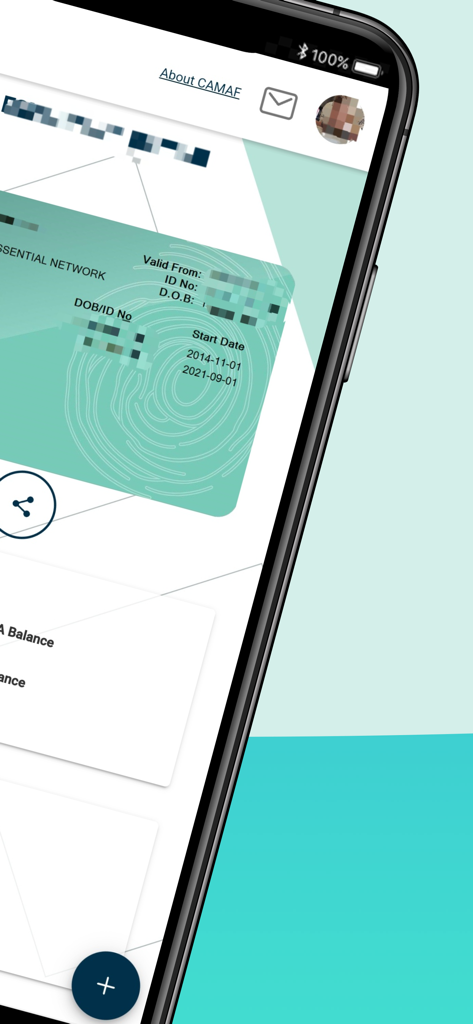 A mobile screen showing the CAMAF digital membership card with network and identification details