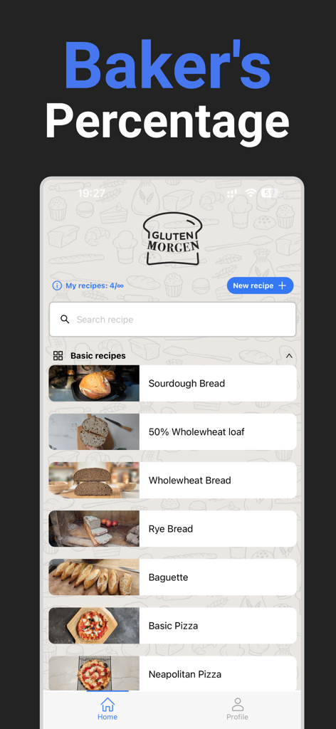 Gluten Morgen - Gluten Morgen app home screen showing a list of bread and pizza recipes