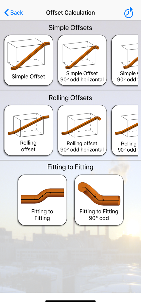 Offset Calc App - Main menu of the Offset Calc App displaying categories for simple offsets, rolling offsets, and fitting to fitting calculations with visual diagrams.