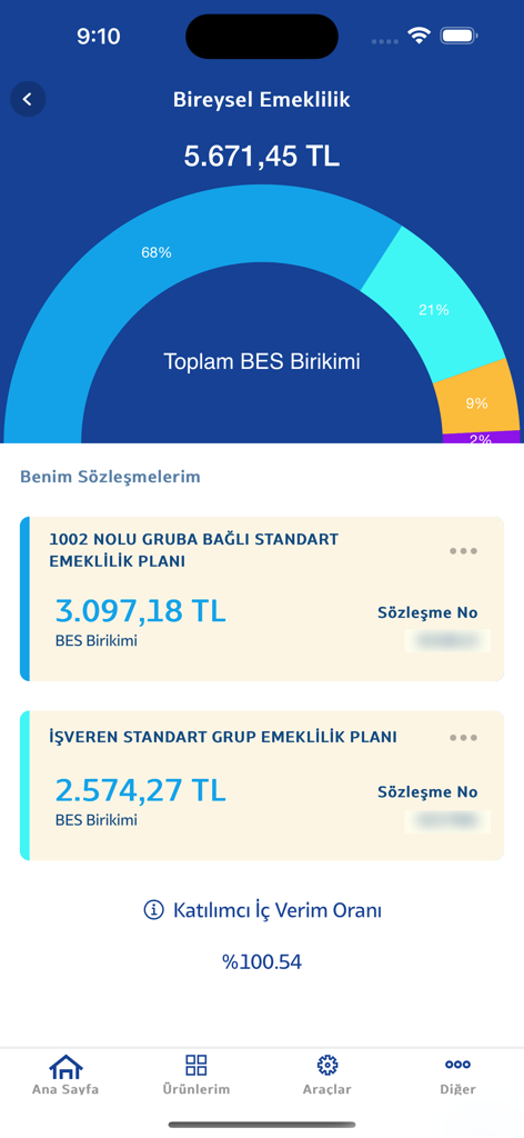 Katılım Cep - Écran de l'application Katilim Cep montrant le résumé de l'épargne retraite individuelle et les détails du contrat.
