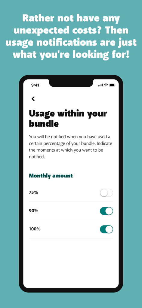 My BASE - Capture d'écran de mon application BASE montrant les paramètres de notification d'utilisation pour suivre la consommation du forfait et éviter les coûts imprévus.
