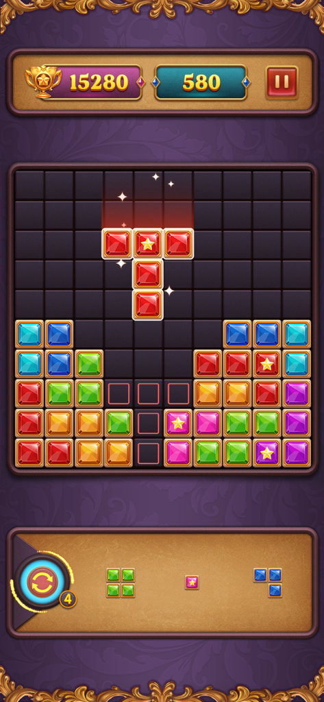 Block Puzzle: Diamond Star - Interface de jogo do Block Puzzle Diamond Star mostrando blocos de joias coloridos em uma grade