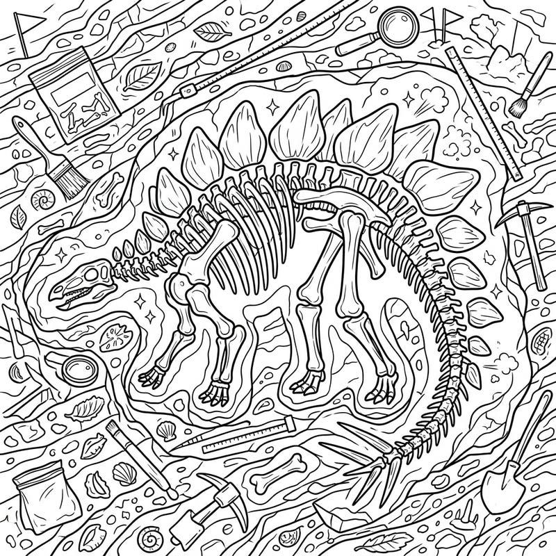 Journey back in time with this detailed Stegosaurus paleontology coloring page, showcasing a magnificent skeleton amid an active dig site. Discover the thrill of scientific exploration as you bring this ancient world to life with your favorite colors.