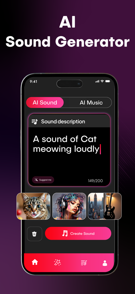 SUR - AI Music Generator - Interface of the SUR AI Music Generator app displaying the sound effects generation feature with a text prompt for a cat meowing.