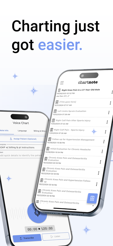 Chartnote Mobile app displayed on two iPhones showing the Voice Chart transcription feature and a list of patient clinical notes.