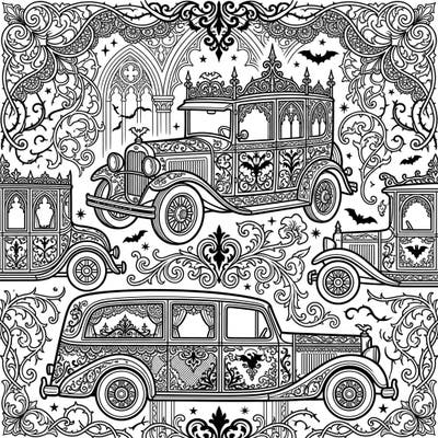 Unleash your creativity with this unique coloring page featuring vintage automobiles reimagined with a mysterious Gothic aesthetic. Explore intricate details of ornate cars, Victorian lace, and shadowy motifs, perfect for a captivating coloring experience.