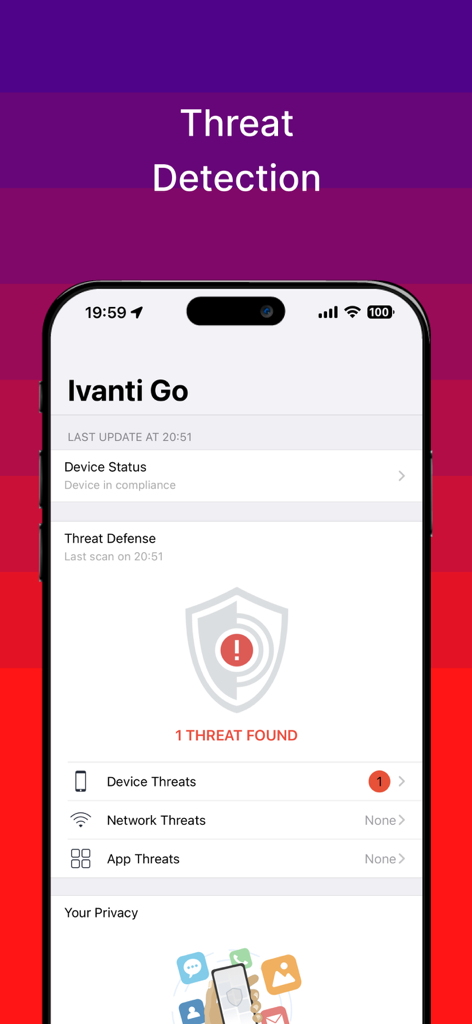 Ivanti Go - Ivanti Goアプリのインターフェイス。デバイスに1件の脅威が検出されたという脅威検出アラートが表示されています。