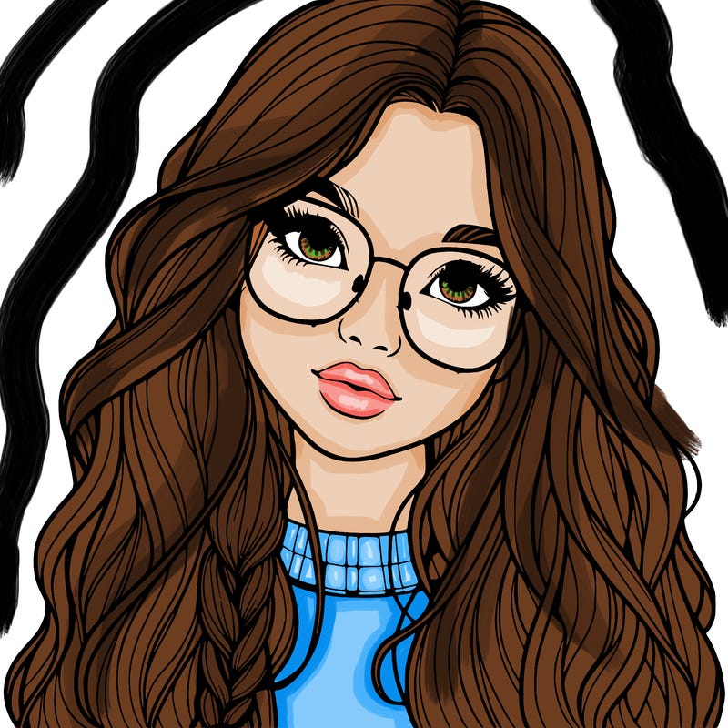 girl with long hair and freckles and glasses realistic