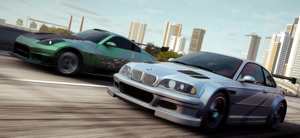 Highway Racer Pro - Dois carros esportivos personalizados correndo lado a lado em uma autoestrada com o horizonte da cidade