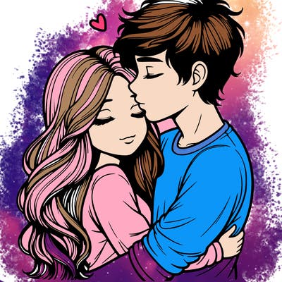 a realistic couple boy and girl hugging and kissing