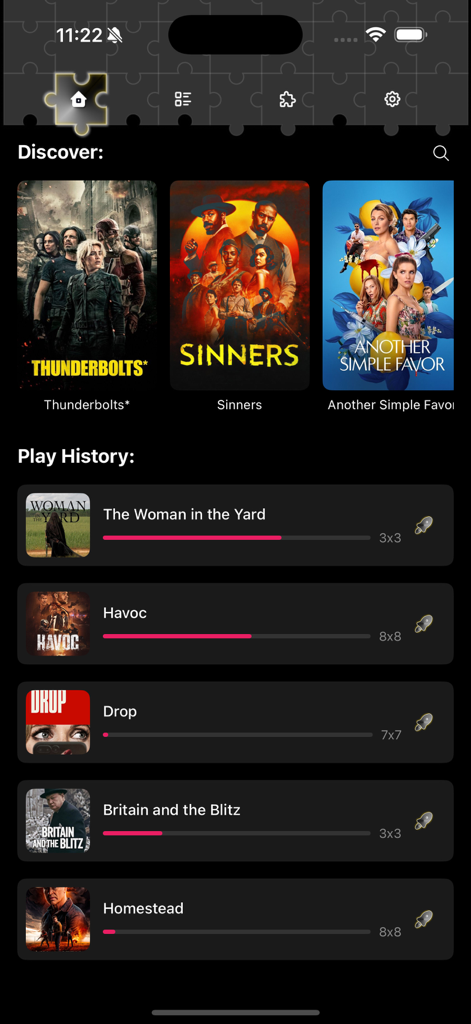 Read Progre: Movie Cine Puzzle - Écran d'accueil de Read Progre montrant des affiches de films et le suivi de la progression des puzzles