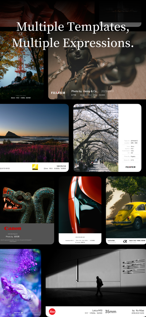 OneLine：EXIF Frame & Watermark - ライカや富士フイルムなどの様々なEXIFウォーターマークテンプレートとカメラロゴを示す写真のコラージュ