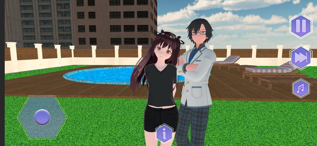 Anime School Simulator Life 3D - Anime boy and girl characters standing near an outdoor swimming pool in a 3D school simulator