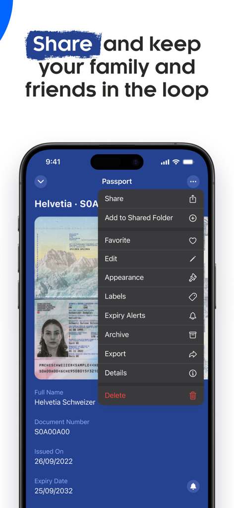 Folio: Digital Wallet App - Schermata dello smartphone che mostra il menu dell'app Folio con opzioni per condividere un passaporto digitale